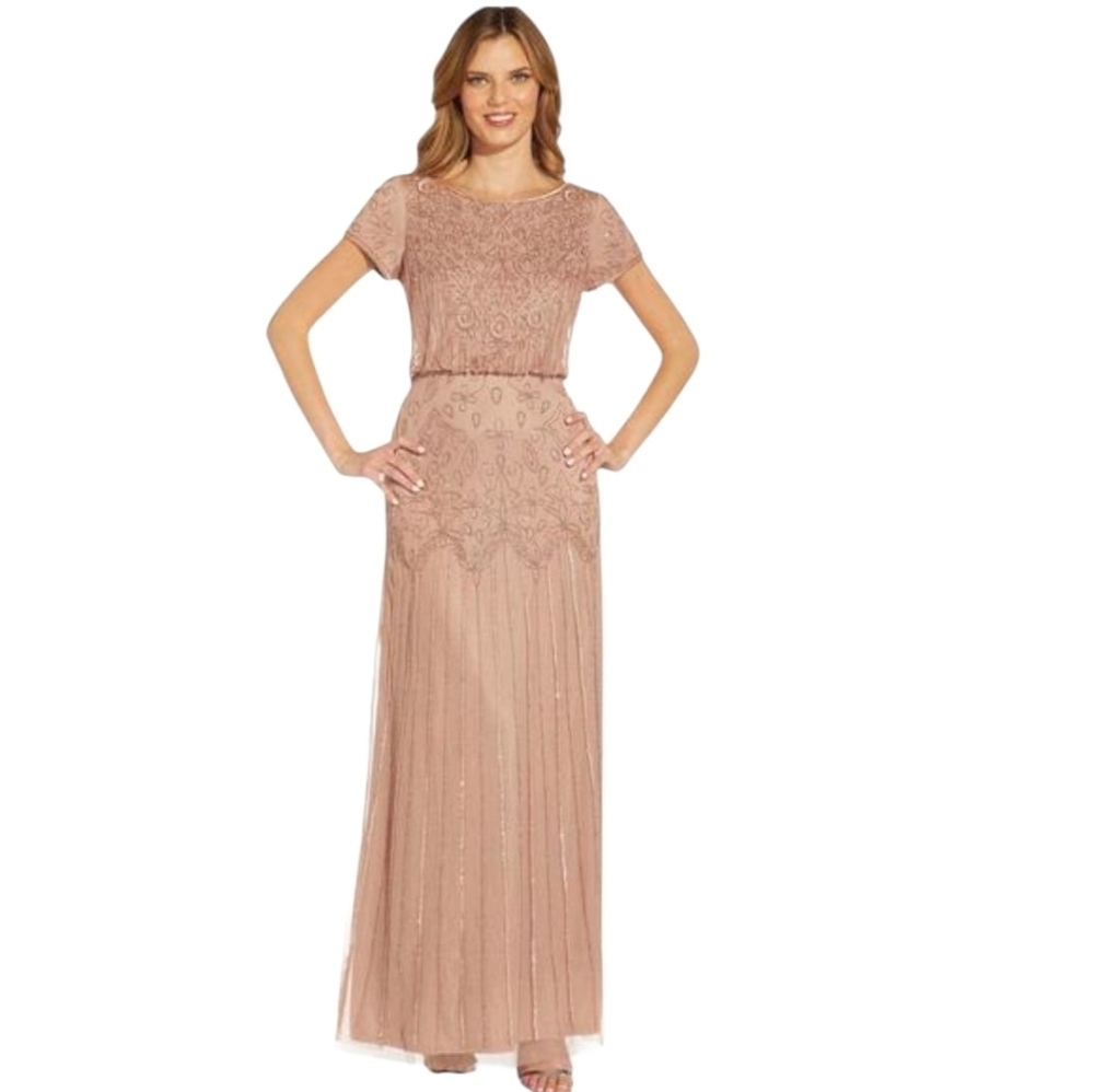 Adrianna Papell Beaded Evening Gown Maxi Cocktail Dress Special Occasion Wedding